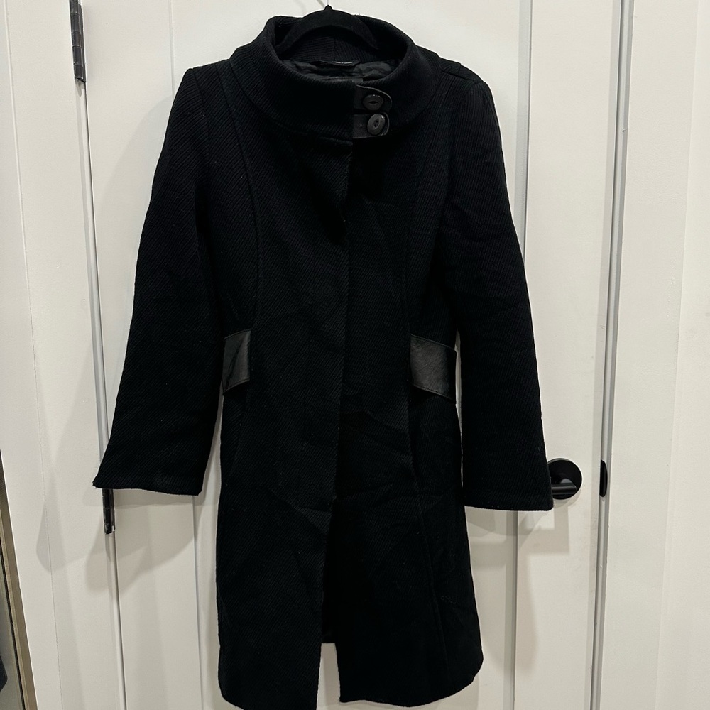 MACKAGE VINTAGE COAT WOOL LEATHER TRIM BELTED JACKET BLACK SIZE PS - Picture 2 of 14